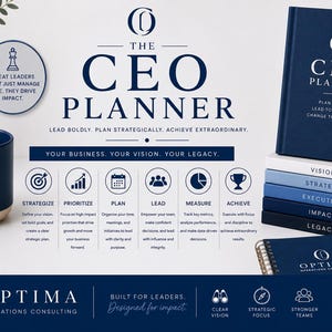 May include: A navy blue CEO Planner set featuring a hardcover notebook, a stack of five smaller books labeled Vision, Strategy, Execution, Impact, and Legacy, a matching mug with a logo, and a pen. The text includes The CEO Planner and Optima.