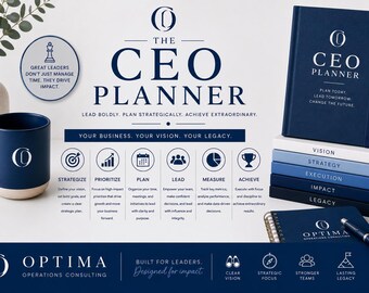 May include: A navy blue CEO Planner set featuring a hardcover notebook, a stack of five smaller books labeled Vision, Strategy, Execution, Impact, and Legacy, a matching mug with a logo, and a pen. The text includes The CEO Planner and Optima.