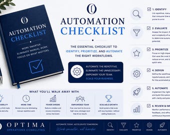 May include: A dark blue Automation Checklist book with a matching pen, featuring the text "Automation Checklist" and "Work smarter, eliminate manual work, focus on what matters." The layout includes a six-step process list and a "What you'll walk away with" section.