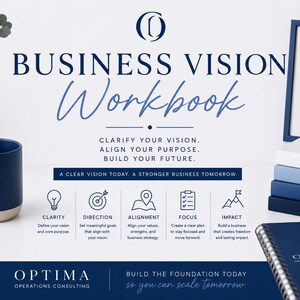 May include: A Business Vision Workbook with a dark blue mug, a stack of four blue books labeled Dream It, Plan It, Focus It, and Achieve It, and a spiral notebook. The text reads Business Vision Workbook, Clarify Your Vision, Align Your Purpose, Build Your Future, and Optima Operations Consulting.