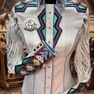 Luxury Women Western Show Shirt - White Rodeo Blouse with Sheer Lace Sleeves & Turquoise Crystal Rhinestones, Custom Horse Showmanship