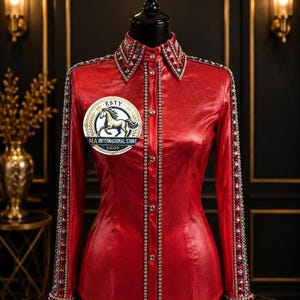 Red Western Show Shirt with Crystals, Shiny Equestrian Show Blouse, Women’s Horse Riding Show Jacket, Custom Cowboy Western Pleasure Apparel