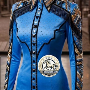 Western Show Shirt for Women, Royal Blue Equestrian Show Jacket, Horsemanship Western Pleasure Show Top with Fringe and Rhinestones