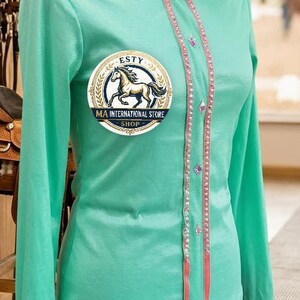 Turquoise Mint Western Show Shirt | Glass Stones Horsemanship Competition Top | Stretchable Rodeo Queen Showmanship Apparel for Women