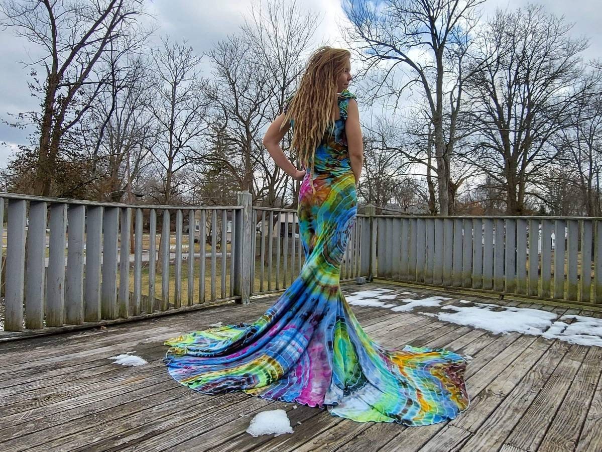 open lace back dress Ruffled Long Tie-Dye Prom Dress with Shoulder Ties Fuchsia / 8 main image 1