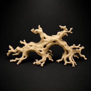 Può includere: Un pezzo di legno galleggiante color marrone chiaro, nodoso, caratterizzato da una struttura complessa e ramificata con numerose aperture cave e una superficie ruvida e usurata. La forma organica si estende orizzontalmente.