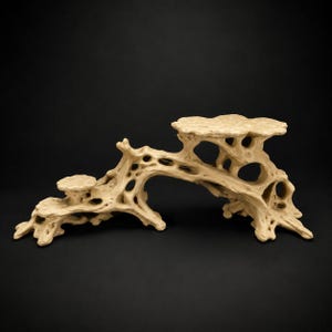 Puede incluir: Un soporte de exhibición beige, poroso y de forma orgánica con una estructura ramificada que presenta múltiples plataformas circulares planas a diferentes alturas. El objeto tiene una textura similar a una raíz con numerosas aberturas.