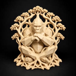 Könnte beinhalten: Eine hellbeige, Low-Poly-Skulptur eines Gorillas in meditativer Sitzhaltung. Der Gorilla ist von einer komplexen, geschnitzten Baumstruktur mit zahlreichen Ästen und Blättern umrahmt, die sich über seinen Kopf wölben und bis zur Basis reichen.