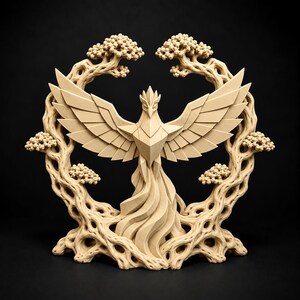 May include: A light beige sculpture of a phoenix with outstretched wings, positioned in the centre of a circular frame formed by two intertwined, textured tree branches with small clusters of foliage at the top and sides of the structure.