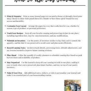 以下が含まれることがあります： 手書きフォントで「How To Use This Journal」というタイトルのジャーナルページ。ページには、整理、レシピの追跡、在庫の維持など、ジャーナルの使用方法に関する箇条書きが含まれています。瓶詰めの瓶と鍋の水彩イラストが右下にあります。