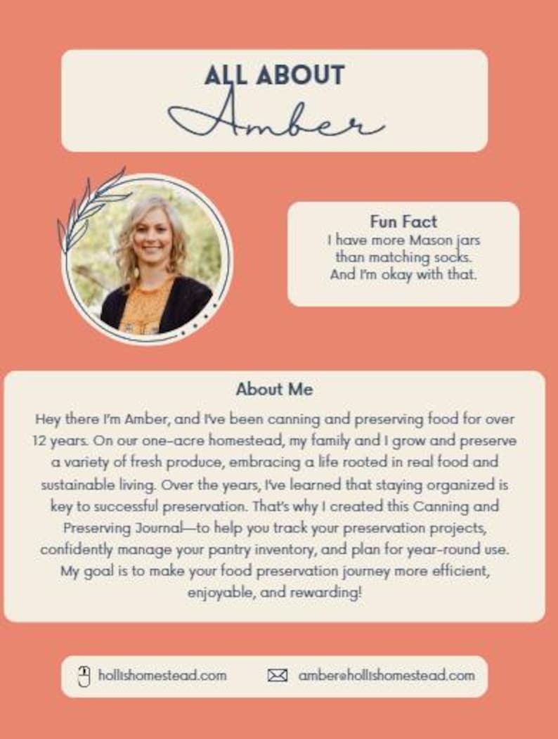 以下が含まれることがあります： 「ALL ABOUT Amber」の文字と女性の写真が載った、桃色のグラフィック。 「Fun Fact」の文字と、「お揃いの靴下よりもメイソンジャーの方が多い。それでいいんです。」という文字が含まれています。