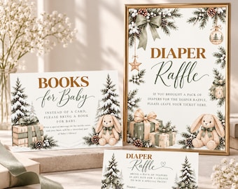May include: A set of three printed signs featuring a Christmas theme with pine trees, pinecones, gifts, and a plush bunny. The signs display text including "Books for Baby" and "Diaper Raffle" with instructions for guests to bring books and diapers.