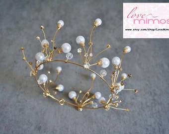 Gold Bridal tiara, Gold Wedding crown, Bridal crown, Gold crown, Gold tiara, Crystal tiara, Crowns and tiaras, Vintage Headpieces, C114