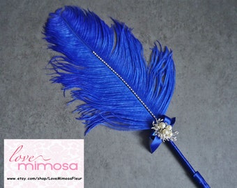 Large Elegant Royal Blue Feather Pen with Silver Pearl Brooch / Wedding Signing Pen / Guest Book Pen / Wedding Reception Accessories