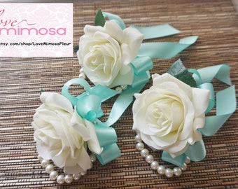 Pols Corsage, Ivory Rose met Aqua lint, bruidsmeisje geschenken, Zijde Bloem Corsage, Bruiloft Decor, Prom Accessoires, Boho Wedding