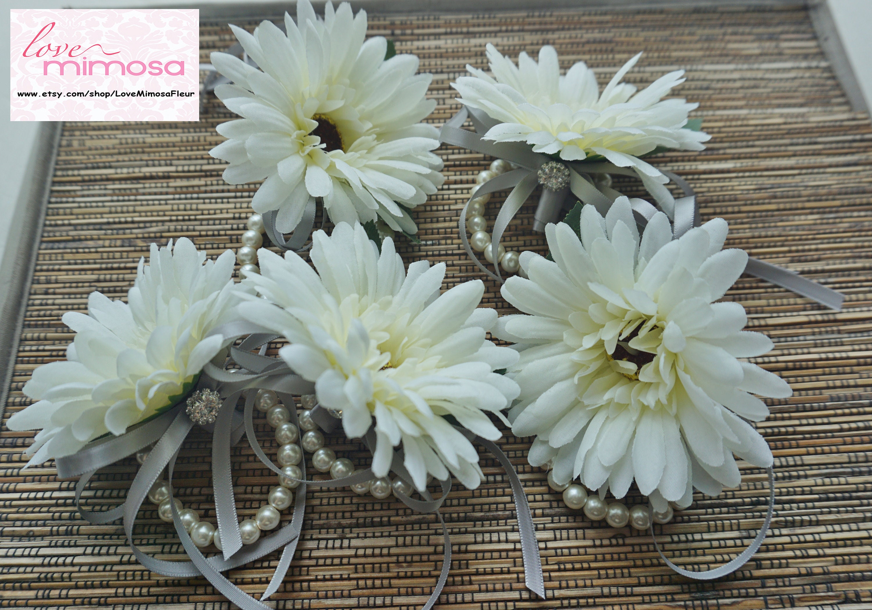 Wrist Corsage Ivory Gerbera Daisy Corsage Silver Grey Etsy
