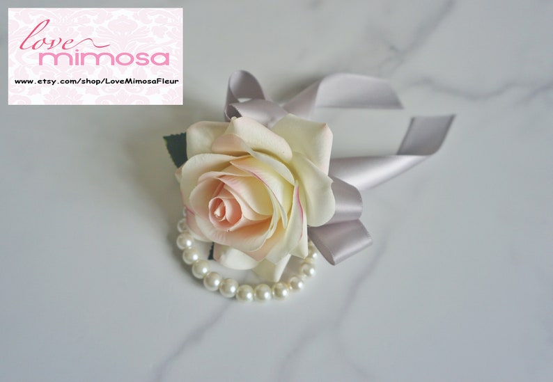 Wrist Corsage, Blush Pink Rose with silver ribbon, Bridesmaid Gifts, Wedding Flowers, Silk Flower Corsages, Prom Accessory, Corsage for mom image 1