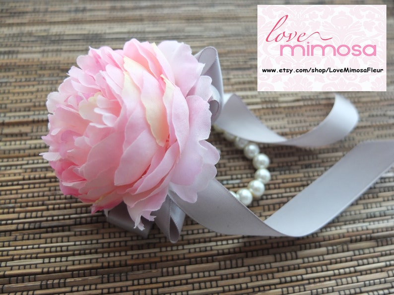 Wrist Corsage Pink Peonies with gray ribbons on pearl Etsy