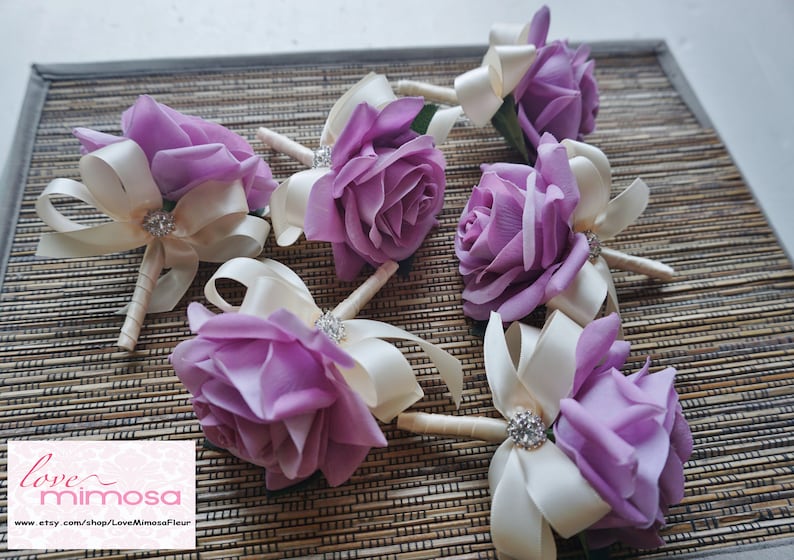 Mauve Purple Rose with Ivory ribbon Men/'s Boutonniere Bacelor Party Fathers Wedding Flowers Groomsman Gifts Silk Flower Boutonniere