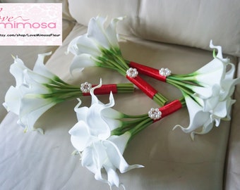 TWO Small White Calla Lily Bridesmaid bouquet with Red Ribbons, Flower Girl Bouquet, Toss Bouquet