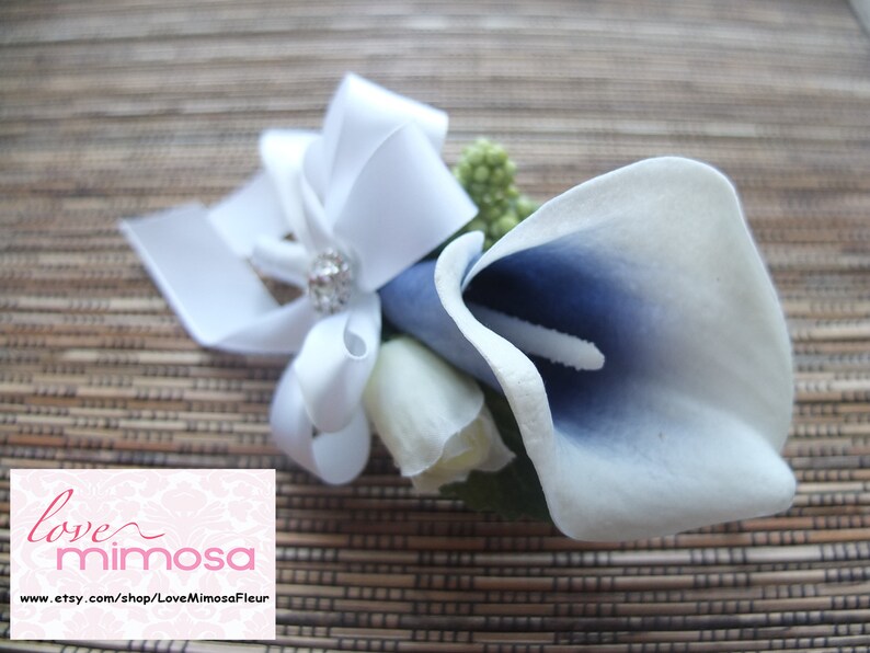 Royal Blue and White Calla Lily with White Ribbon Boutonniere Men/'s Boutonniere