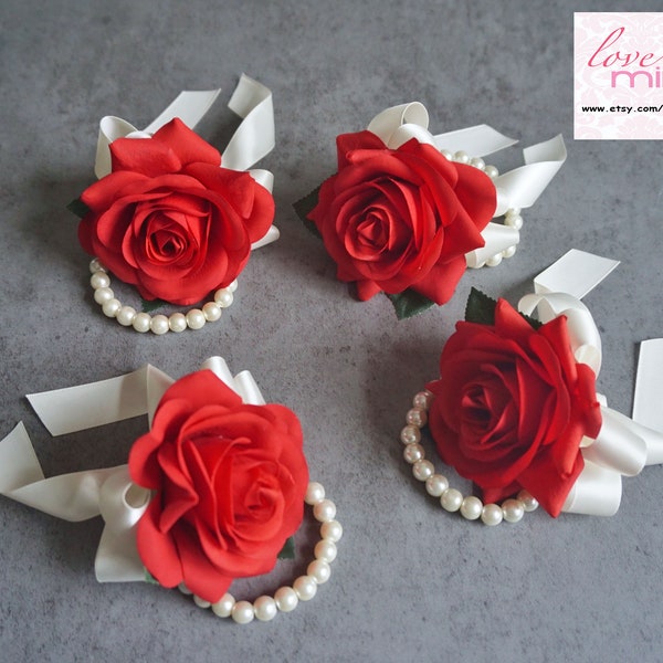 Wrist Corsage, Red Rose with Ivory ribbon, pearl bracelet, Bridesmaid Gifts, Silk Flower Corsage, Flower Girl Corsage, Christmas Corsage