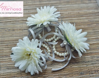 Wrist Corsage, Ivory Gerbera Daisy Corsage, Silver grey Ribbon, Bridesmaid Gifts, Pearl Bracelet, Wedding Flowers, Silk Flower Corsage