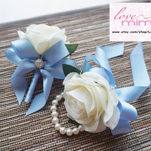 Men's Boutonniere, Ivory Rose with Bluebird Blue ribbon, groomsman Gift, silk flower corsage image 4