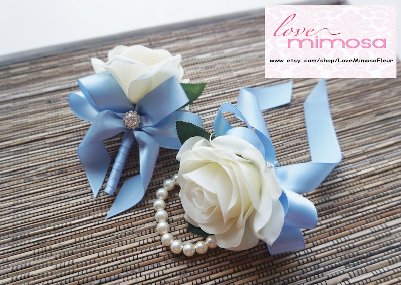 Men's Boutonniere, Ivory Rose with Bluebird Blue ribbon, groomsman Gift, silk flower corsage image 4