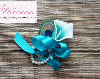 Wrist Corsage, Turquoise Picasso Calla Lily with Peacock Feather, Bridesmaid Gifts, Teal Corsage, Silk Flower Corsage, Pearl Bracelet