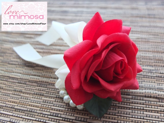 Wrist Corsage Christmas Corsage Red Rose with White ribbon on pearl bracelet