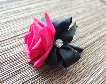 Boutonniere, Hot Pink Rose with Black ribbon, Groomsman Gifts, Hot Pink Corsage, Father of Bride, Wedding Flowers, Silk Flower Corsage