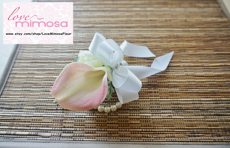 Wrist Corsages Blush Pink Calla Lily Corsage Pearl Bracelet Etsy