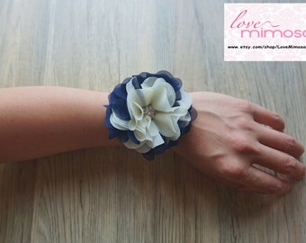 Wrist Corsage, Navy and Ivory Chiffon Corsage, bridesmaid Gifts, Prom Accessories, Bridal Corsage, Wedding Flowers, Boho Wedding