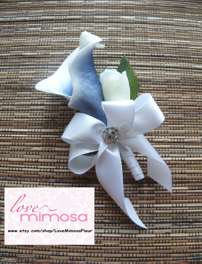 Royal Blue and White Calla Lily with White Ribbon Boutonniere Men/'s Boutonniere