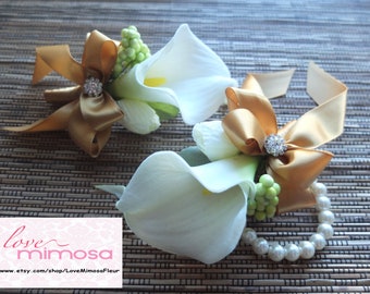 Wrist Corsage, White Calla Lily and Gold Ribbon on pearl bracelet