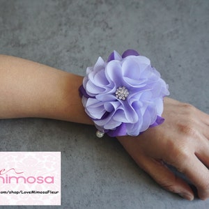 Wrist Corsage, Purple and Lavender Chiffon Corsage, bridesmaid Gifts, Fabric Rose Corsage, Pearl Bracelet, Wedding Decor, Party Accessories image 1