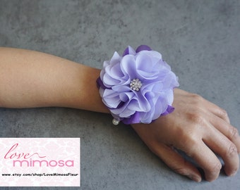 Wrist Corsage, Purple and Lavender Chiffon Corsage, bridesmaid Gifts, Fabric Rose Corsage, Pearl Bracelet, Wedding Decor, Party Accessories