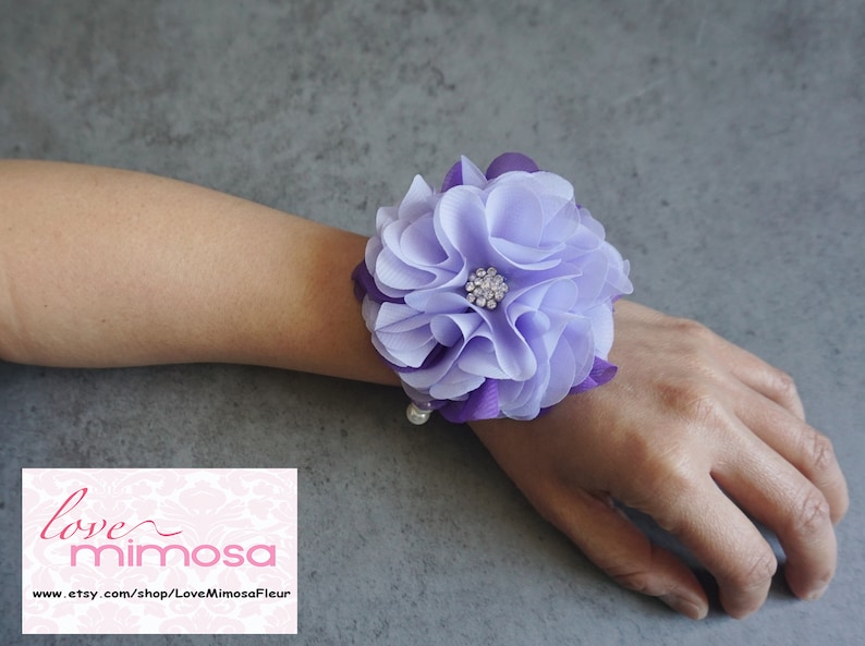 Wrist Corsage, Purple and Lavender Chiffon Corsage, bridesmaid Gifts, Fabric Rose Corsage, Pearl Bracelet, Wedding Decor, Party Accessories image 1