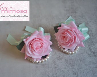 Wrist Corsage, Soft Pink Rose with mint ribbon,  Pearl Bracelet, Bridesmaid Gifts, Flower Girl Corsage, Wedding Decor, Prom Accessories