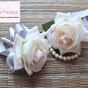 Wrist Corsage, Blush Pink Rose with silver ribbon, Bridesmaid Gifts, Wedding Flowers, Silk Flower Corsages, Prom Accessory, Corsage for mom image 2