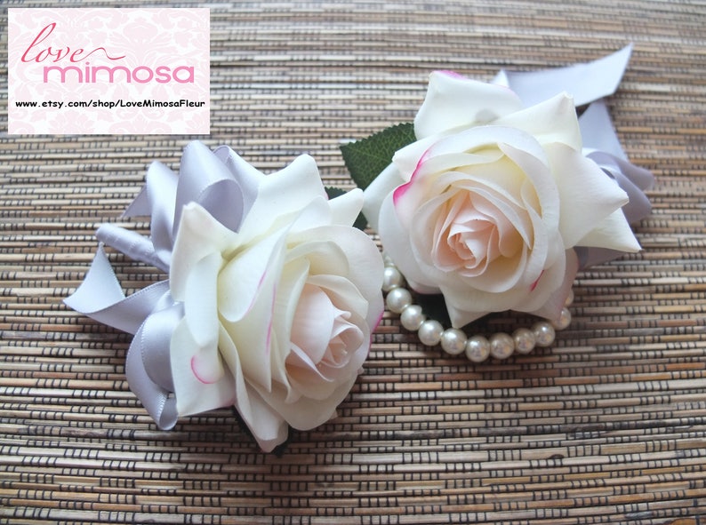 Wrist Corsage, Blush Pink Rose with silver ribbon, Bridesmaid Gifts, Wedding Flowers, Silk Flower Corsages, Prom Accessory, Corsage for mom image 2