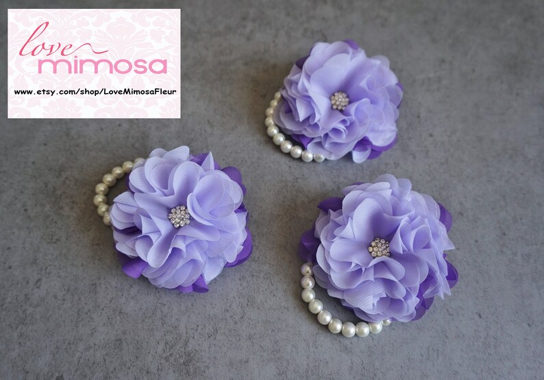 Wrist Corsage, Purple and Lavender Chiffon Corsage, bridesmaid Gifts, Fabric Rose Corsage, Pearl Bracelet, Wedding Decor, Party Accessories image 4