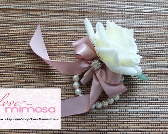 Wrist Corsage, Ivory Rose with Mauve Pink ribbon, pearl bracelet, Dusty Pink Corsage, Silk Flower Corsage, Prom Accessories, Bridesmaid Gift