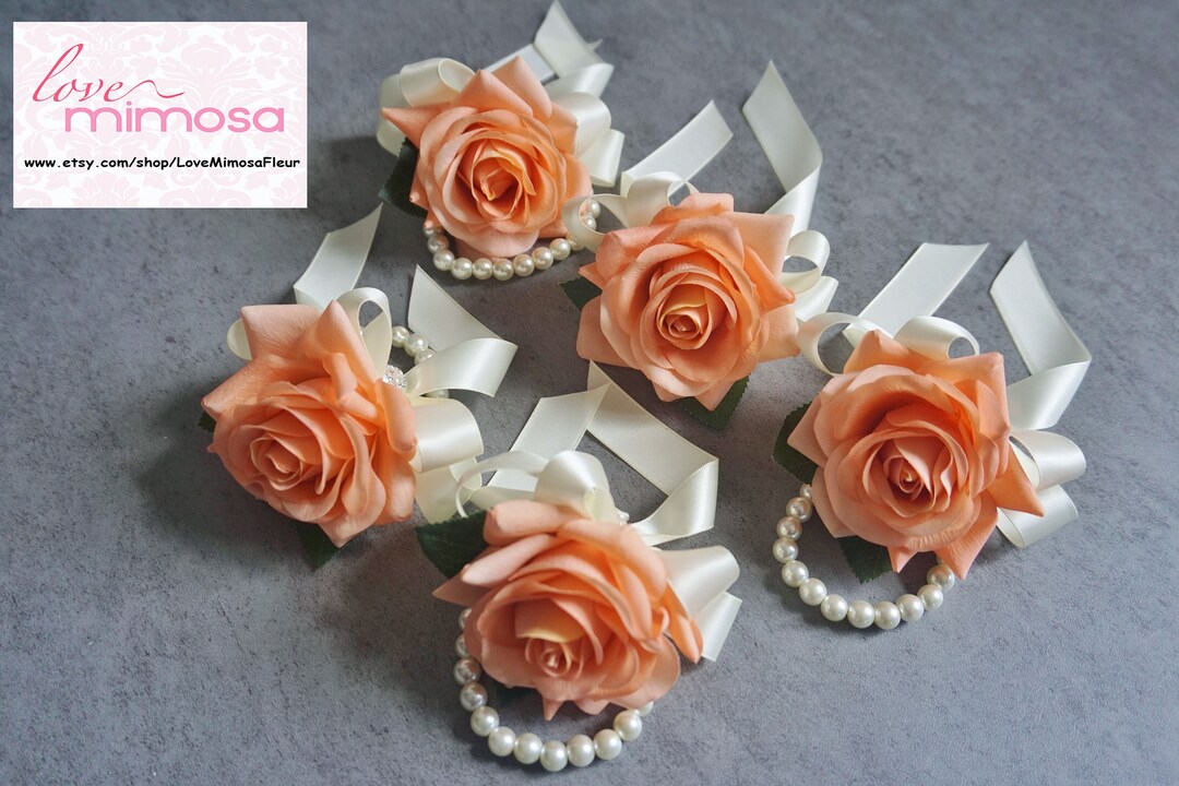 Wrist Corsage, Peach Rose With Ivory Ribbon, Pearl Bracelet, Bridesmaid