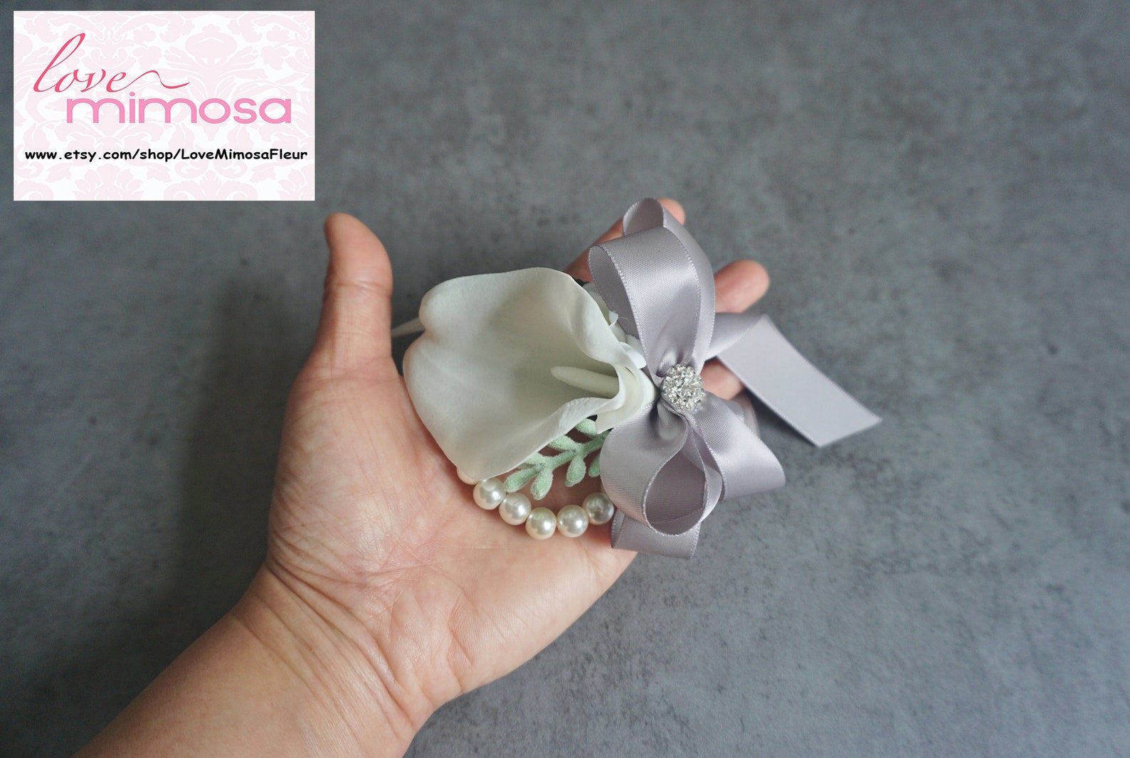 Wrist Corsage White Calla Lily With Silver Grey Ribbon Pearl Etsy