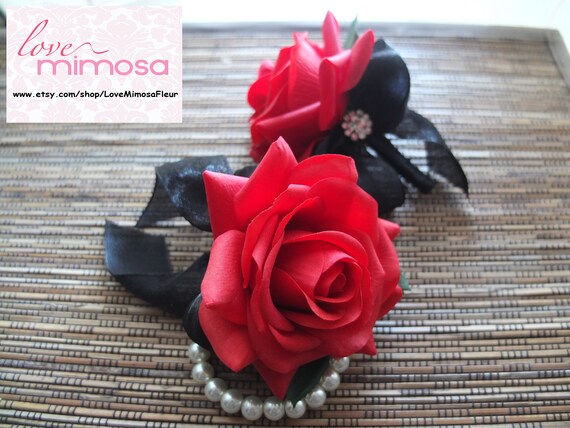Wrist Corsage Christmas Corsage Red Rose with White ribbon on pearl bracelet