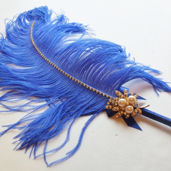 Large Elegant Royal Blue Feather Pen with Gold Pearl Brooch / Wedding Signing Pen / Guest Book Pen / Wedding Reception Accessories