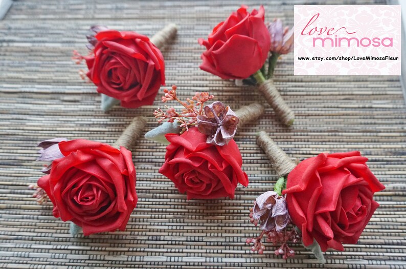 Men/'s Boutonniere Red Rose Rustic Boutonniere