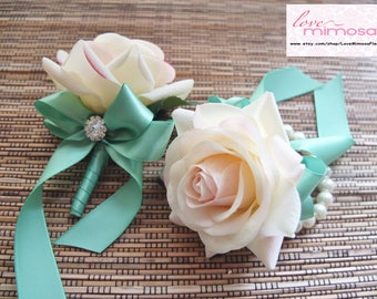 Mens Boutonniere, Blush Pink Rose with Mint ribbon and rhinestone accent